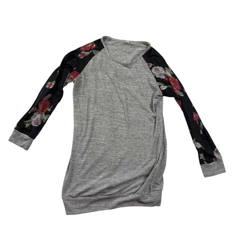 Cloud Real Tunic Women's Size M/ L Gray Ribbed Floral Raglan Long Sleeve Shirt